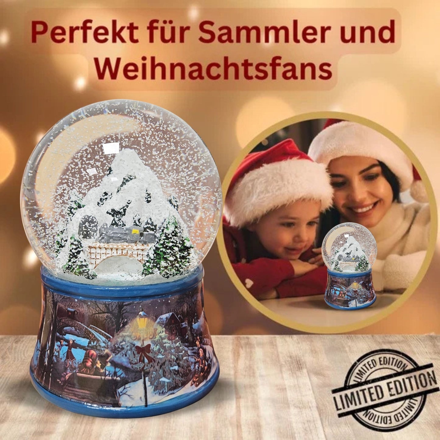 Nostalgische Schneekugel Berglandschaft Brücke Sockel Eisläufer 100 mm Durchmesser mit Spieluhr - Schneekugelhaus