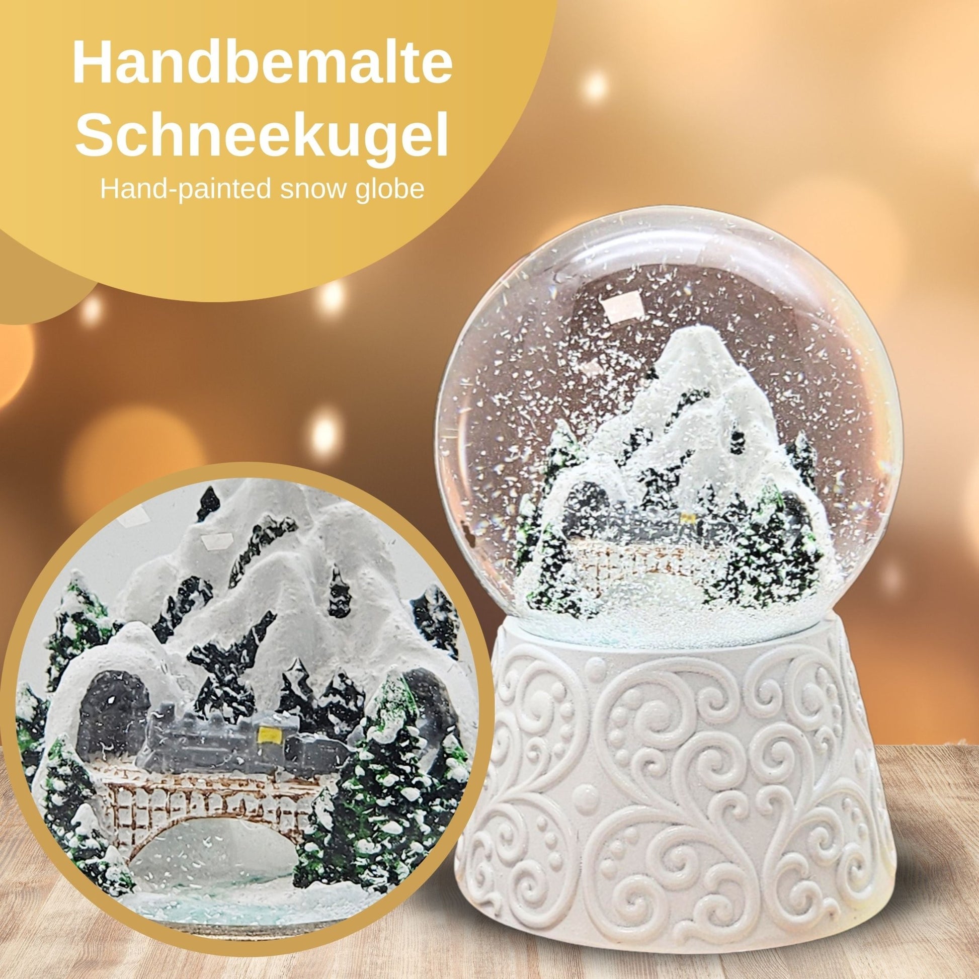 Nostalgische Schneekugel Berglandschaft mit Brücke auf Sockel weiß Ornamente 100 mm Durchmesser mit Spieluhr - Schneekugelhaus