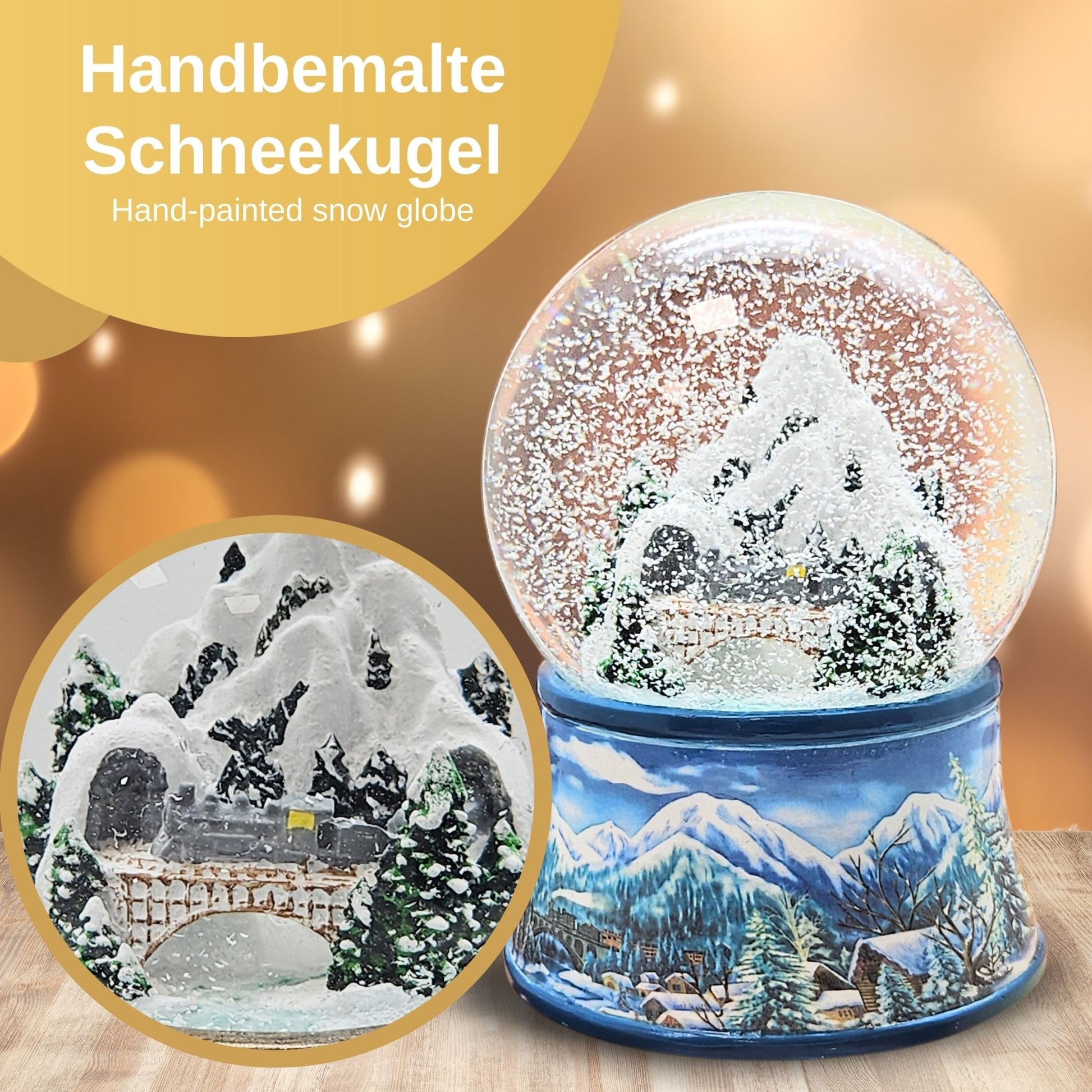 Nostalgische Schneekugel Berglandschaft mit Brücke auf Sockel Winterlandschaft hellblau 100 mm Durchmesser mit Spieluhr - Schneekugelhaus