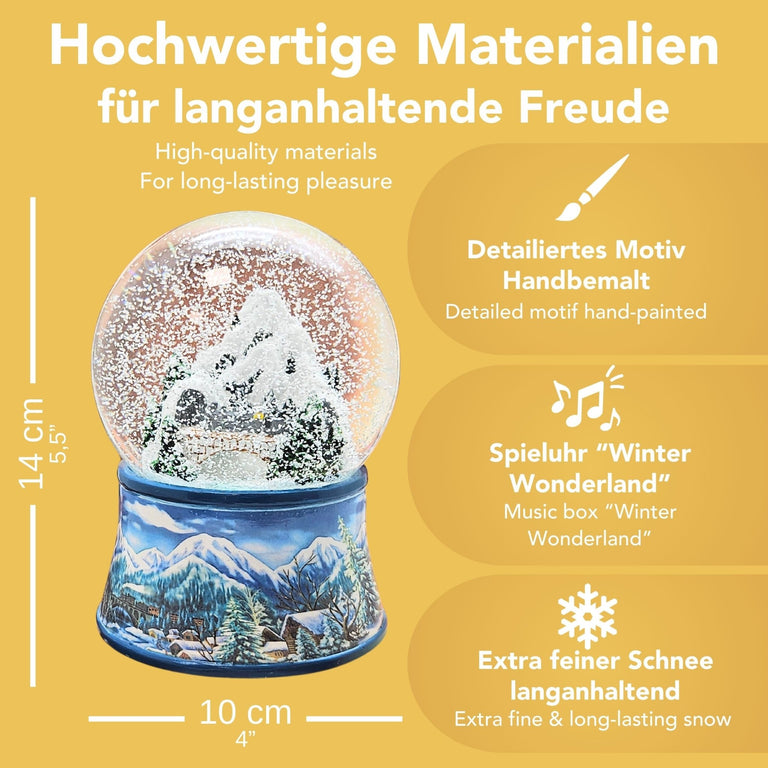 Nostalgische Schneekugel Berglandschaft mit Brücke auf Sockel Winterlandschaft hellblau 100 mm Durchmesser mit Spieluhr - Schneekugelhaus