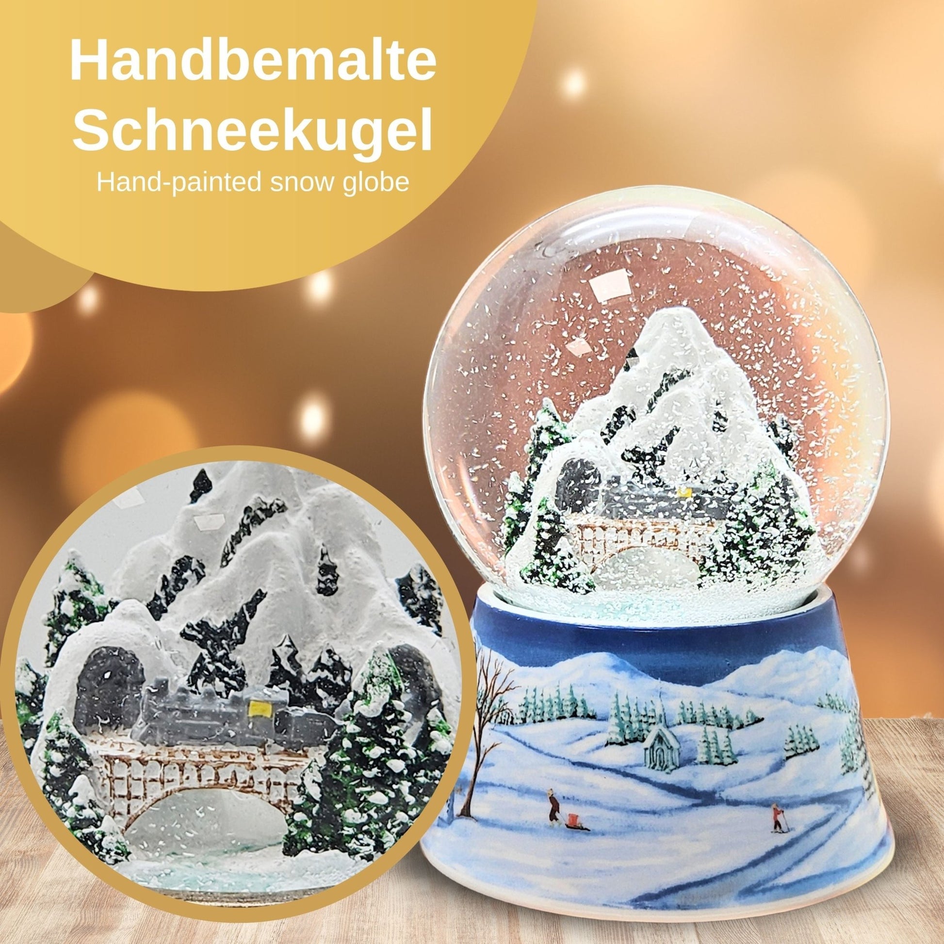 Nostalgische Schneekugel Berglandschaft mit Brücke auf Sockel Winterlandschaft mittelblau 100 mm Durchmesser mit Spieluhr - Schneekugelhaus