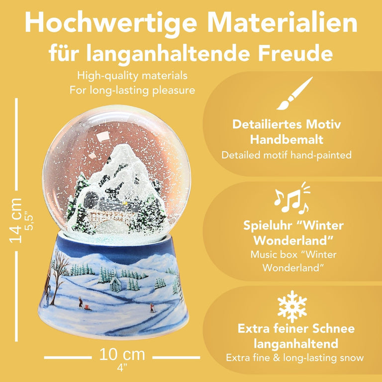 Nostalgische Schneekugel Berglandschaft mit Brücke auf Sockel Winterlandschaft mittelblau 100 mm Durchmesser mit Spieluhr - Schneekugelhaus