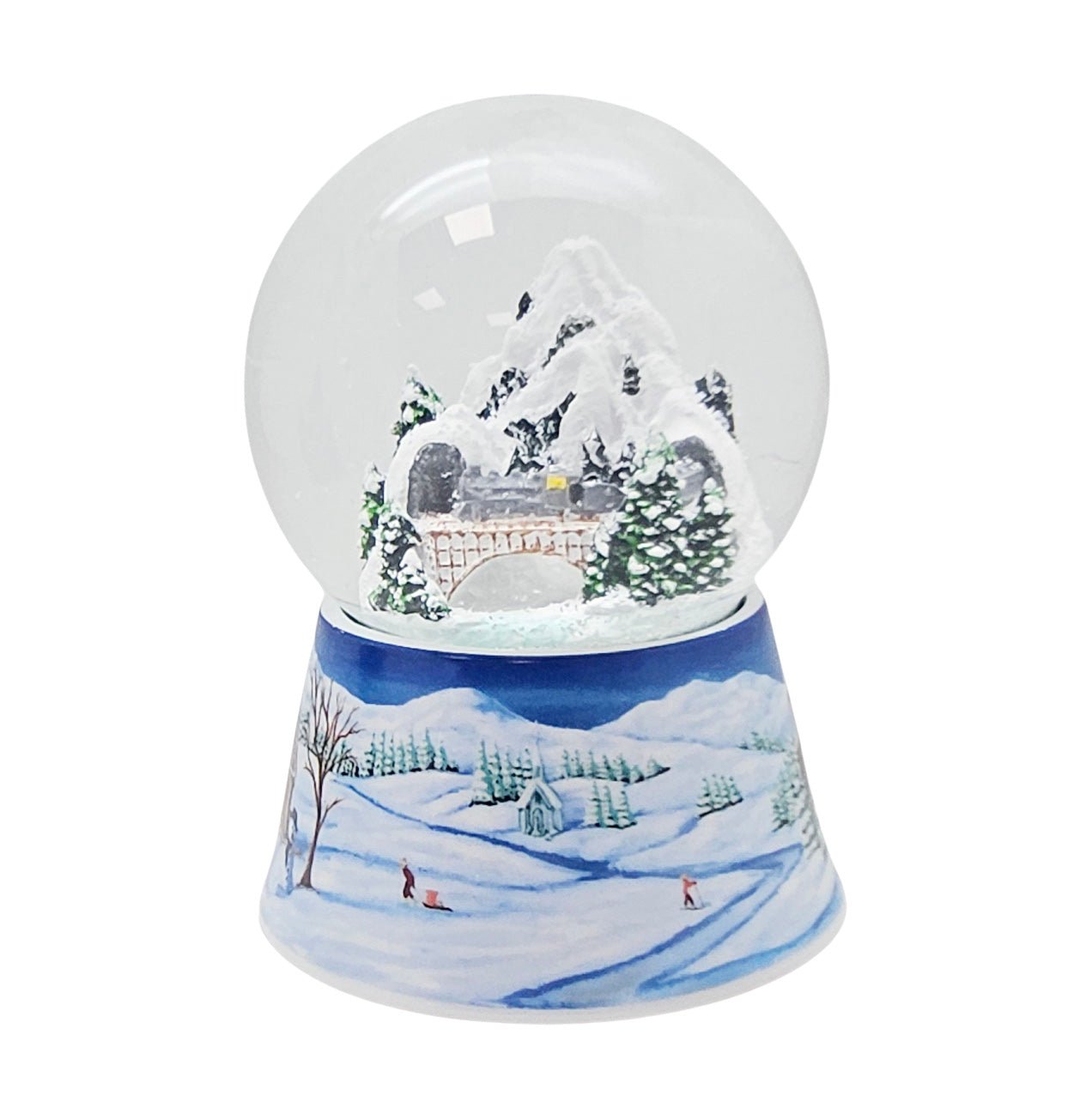 Nostalgische Schneekugel Berglandschaft mit Brücke auf Sockel Winterlandschaft mittelblau 100 mm Durchmesser mit Spieluhr - Schneekugelhaus