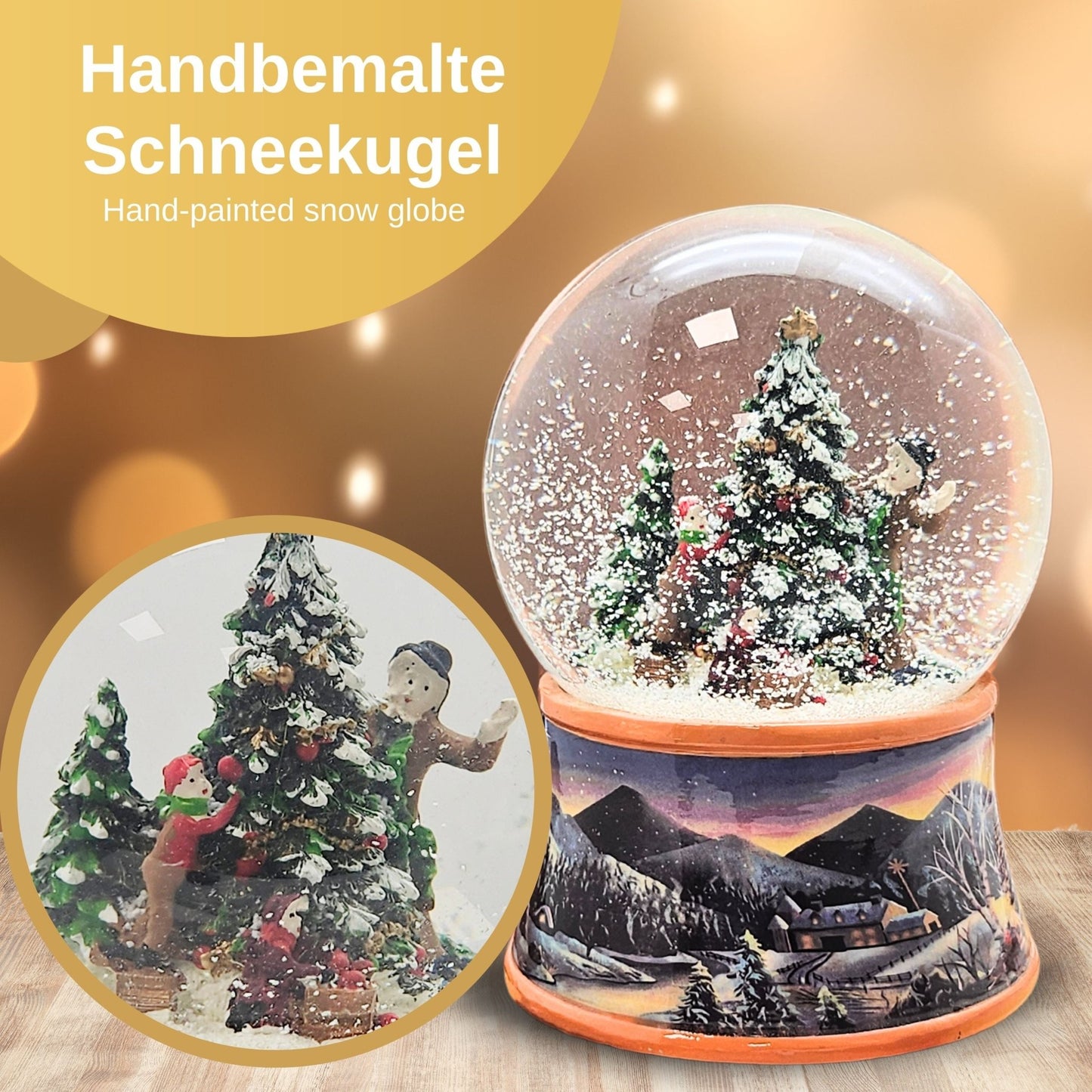 Nostalgische Schneekugel Christbaum schmücken auf Sockel Winterlandschaft ocker 100 mm Durchmesser mit Spieluhr - Schneekugelhaus