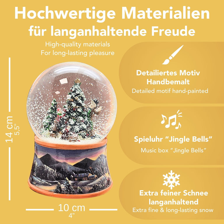 Nostalgische Schneekugel Christbaum schmücken auf Sockel Winterlandschaft ocker 100 mm Durchmesser mit Spieluhr - Schneekugelhaus