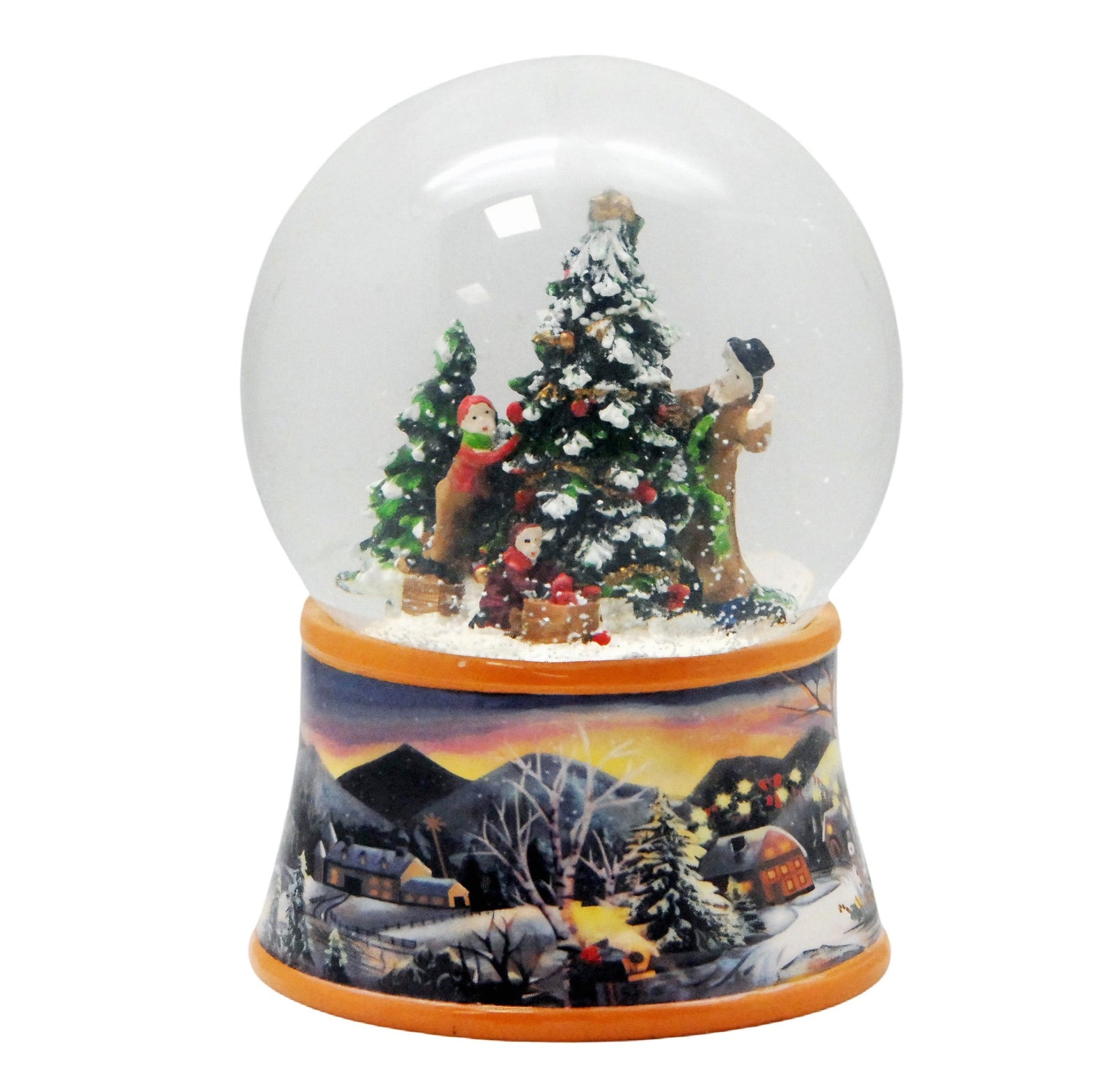 Nostalgische Schneekugel Christbaum schmücken auf Sockel Winterlandschaft ocker 100 mm Durchmesser mit Spieluhr - Schneekugelhaus