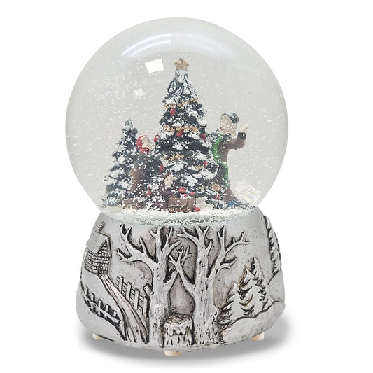 Nostalgische Schneekugel Christbaum schmücken auf Silber Landschaft 100 mm Durchmesser mit Spieluhr - Schneekugelhaus
