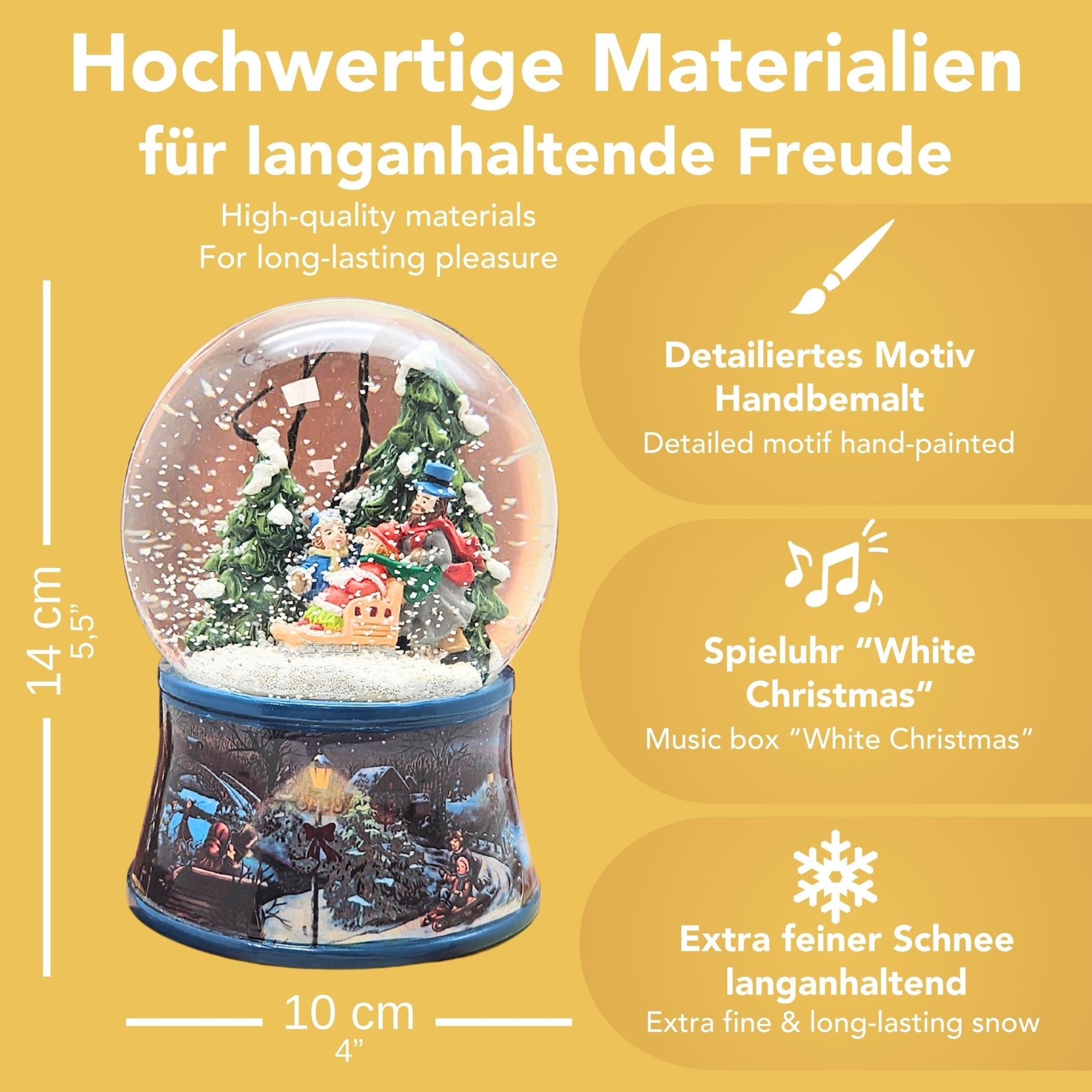 Nostalgische Schneekugel Familie Winterspaziergang auf Sockel Eisläufer 100 mm Durchmesser mit Spieluhr - Schneekugelhaus