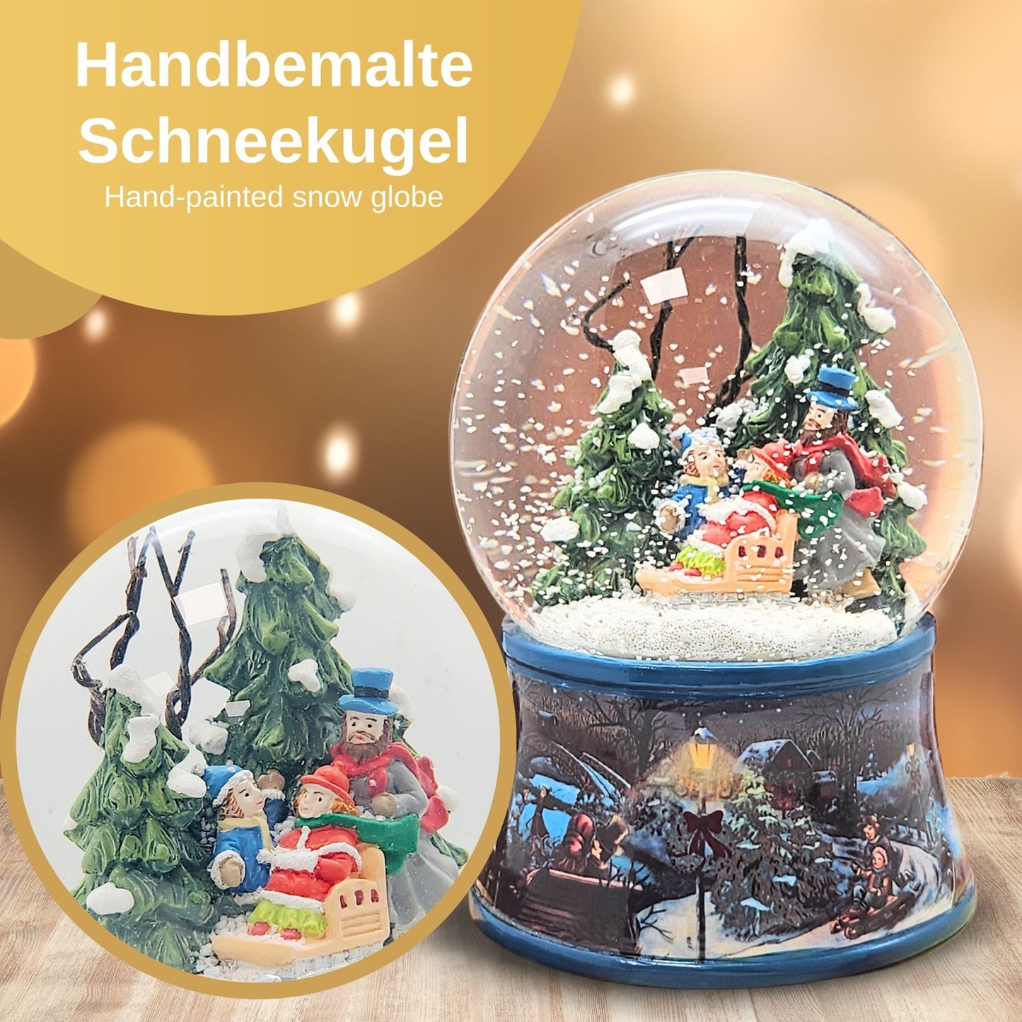 Nostalgische Schneekugel Familie Winterspaziergang auf Sockel Eisläufer 100 mm Durchmesser mit Spieluhr - Schneekugelhaus