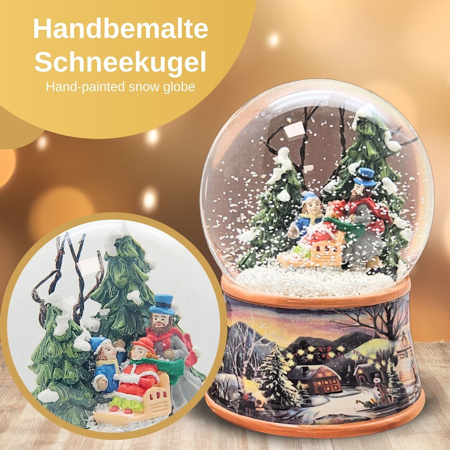 Nostalgische Schneekugel Familie Winterspaziergang auf Sockel Winterlandschaft 100 mm Durchmesser mit Spieluhr - Schneekugelhaus