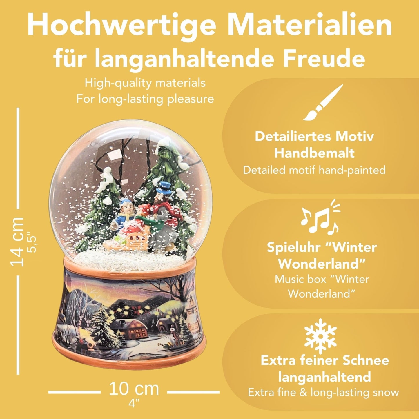 Nostalgische Schneekugel Familie Winterspaziergang auf Sockel Winterlandschaft 100 mm Durchmesser mit Spieluhr - Schneekugelhaus