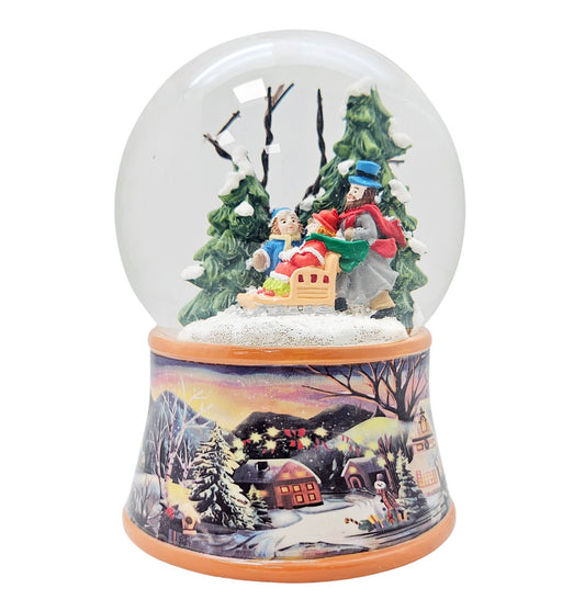 Nostalgische Schneekugel Familie Winterspaziergang auf Sockel Winterlandschaft 100 mm Durchmesser mit Spieluhr - Schneekugelhaus