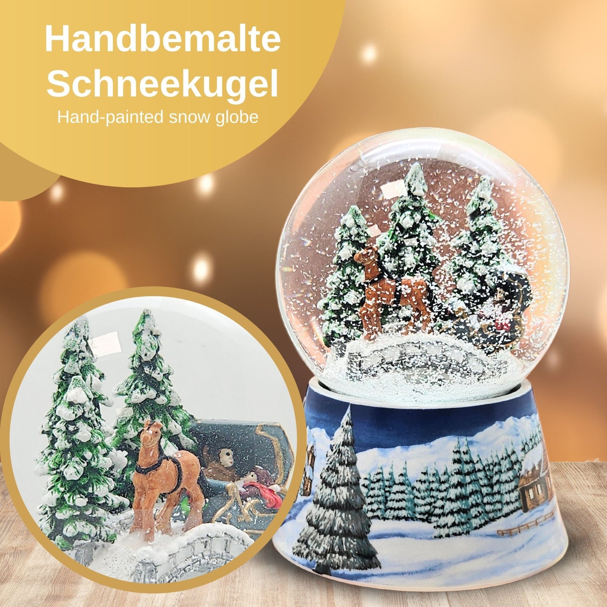 Nostalgische Schneekugel Kutsche über Brücke auf Sockel Winterlandschaft mittelblau 100 mm Durchmesser mit Spieluhr - Schneekugelhaus