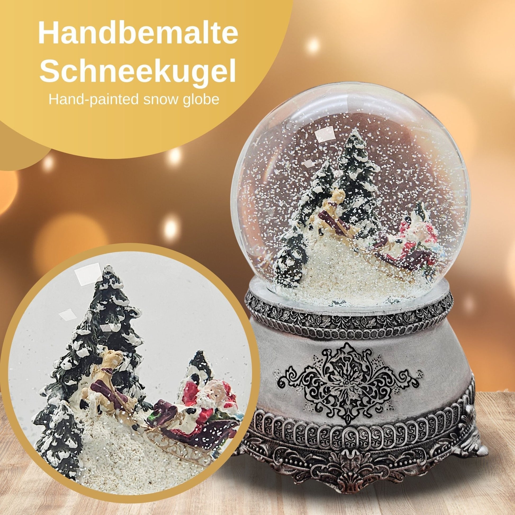 Nostalgische Schneekugel Santa im Schlitten auf Zinnsockel 100 mm Durchmesser mit Spieluhr - Schneekugelhaus