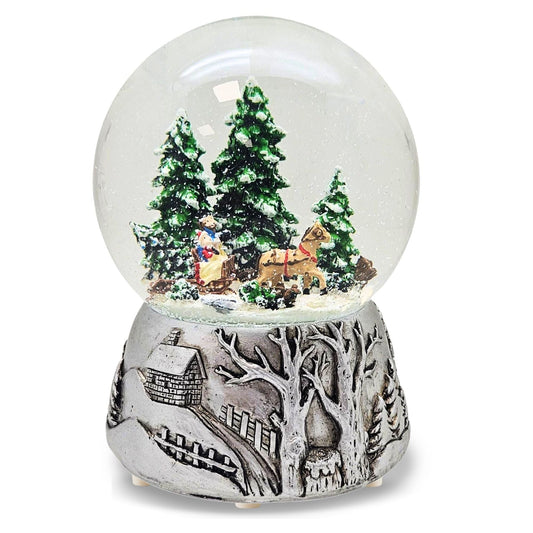 Nostalgische Schneekugel Schlittenfahrt auf Silber Landschaft 100 mm Durchmesser mit Spieluhr - Schneekugelhaus