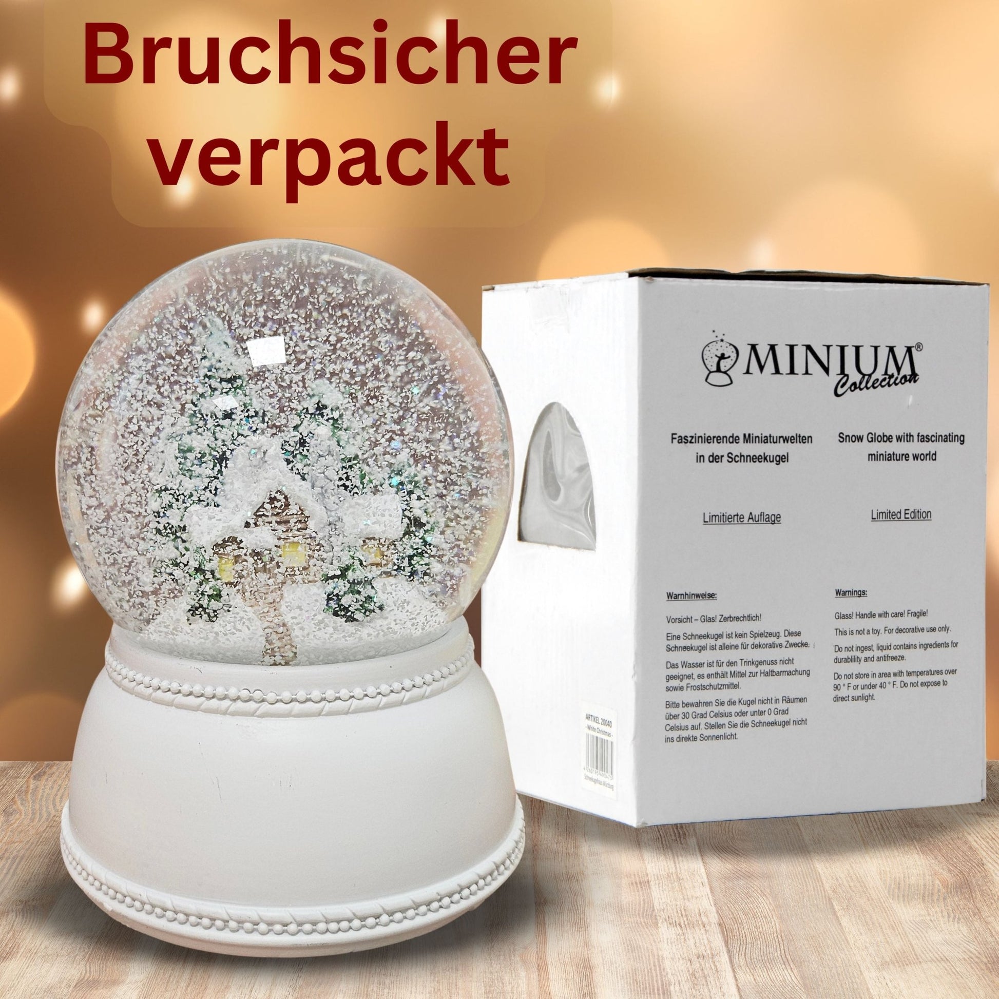 Nostalgische Schneekugel verschneite Berghütte auf Sockel weiß Nostalgie 100 mm Durchmesser mit Spieluhr - Schneekugelhaus