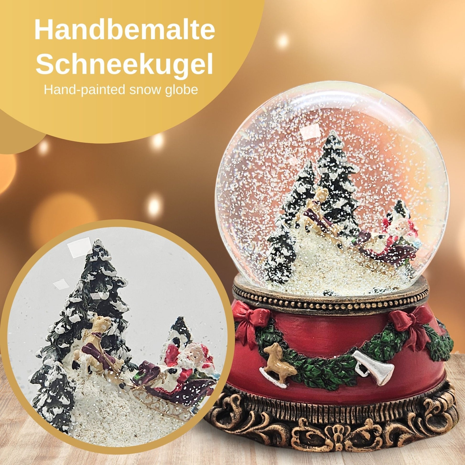 Nostalgische Schneekugel Weihnachtsmann im Schlitten auf Sockel Weihnachtsdekor rot mm Durchmesser mit Spieluhr - Schneekugelhaus