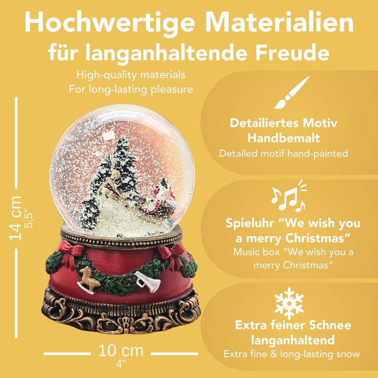 Nostalgische Schneekugel Weihnachtsmann im Schlitten auf Sockel Weihnachtsdekor rot mm Durchmesser mit Spieluhr - Schneekugelhaus