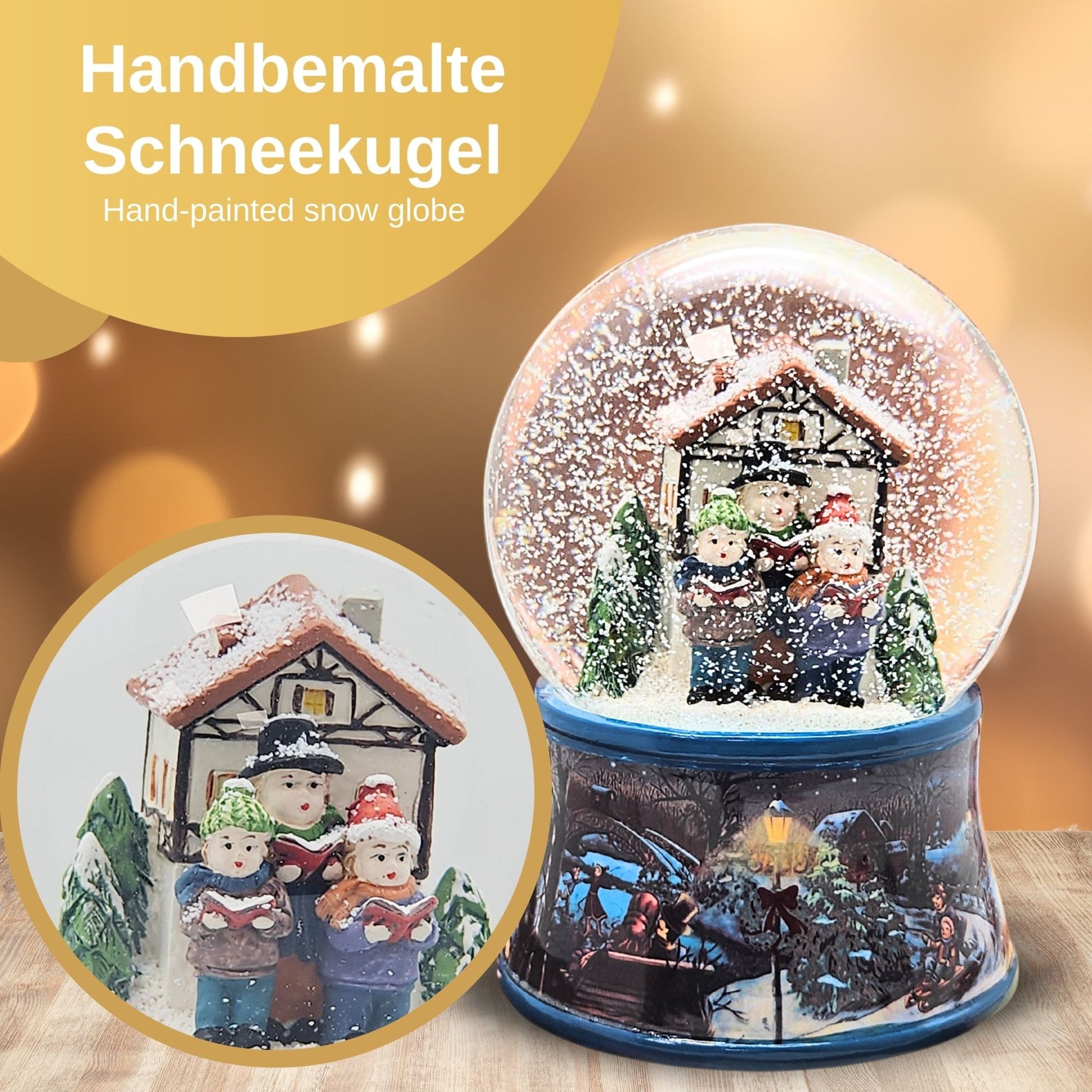 Nostalgische Schneekugel Weihnachtssinger vor Fachwerkhaus auf Sockel Eisläufer 100 mm Durchmesser mit Spieluhr - Schneekugelhaus