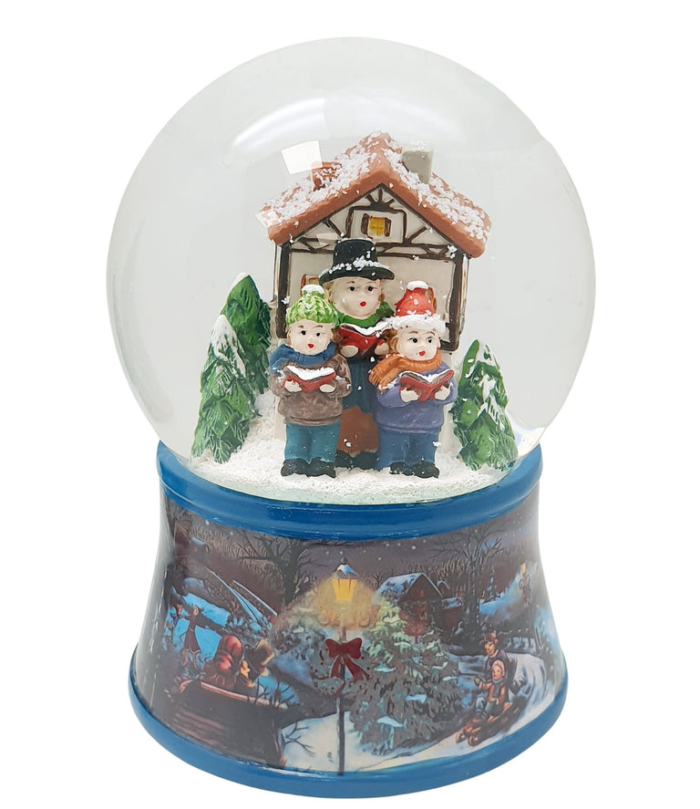 Nostalgische Schneekugel Weihnachtssinger vor Fachwerkhaus auf Sockel Winterlandschaft 100 mm Durchmesser mit Spieluhr - Schneekugelhaus