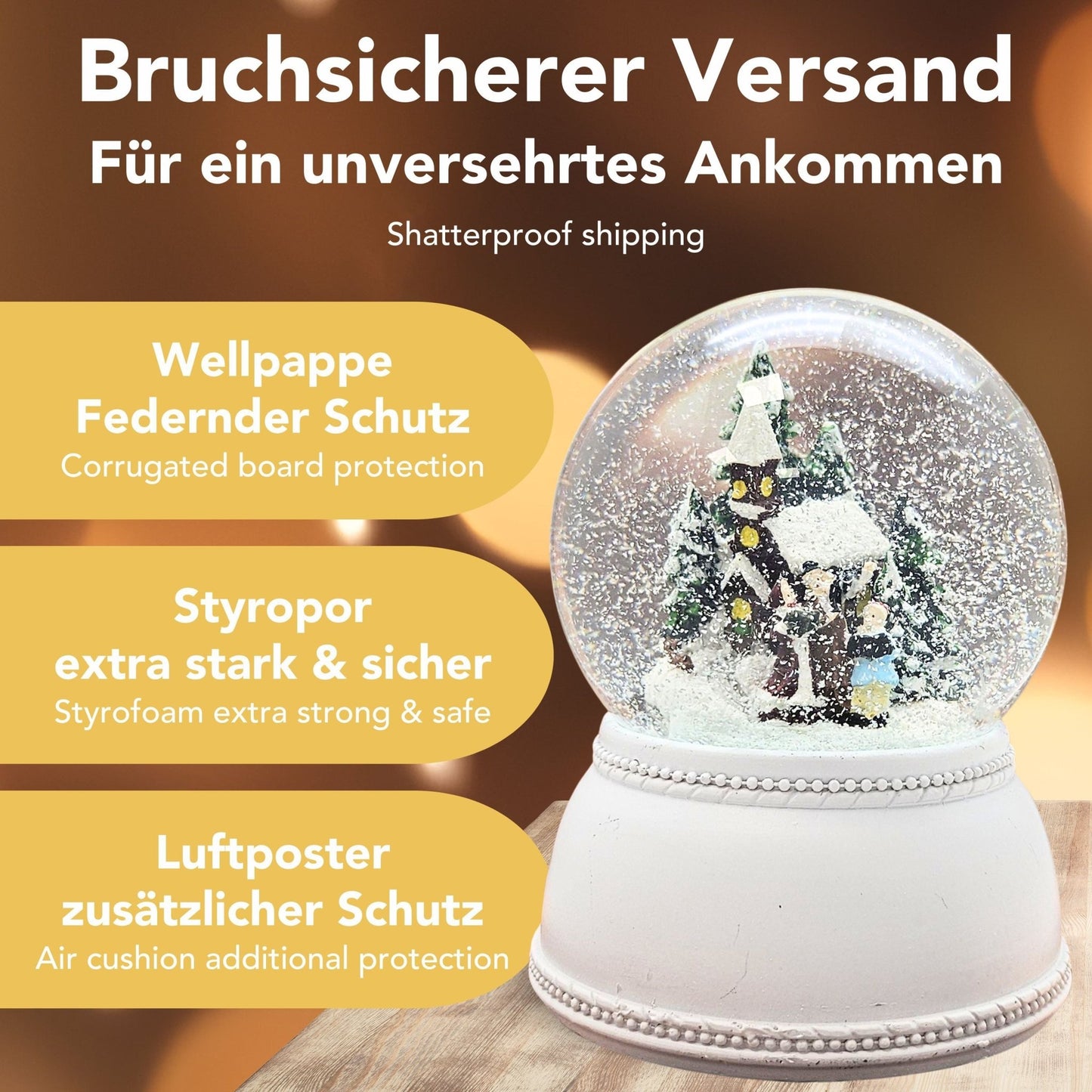 Nostalgische Schneekugel Weihnachtsspaziergang auf Sockel weiß Nostalgie 100 mm Durchmesser mit Spieluhr - Schneekugelhaus