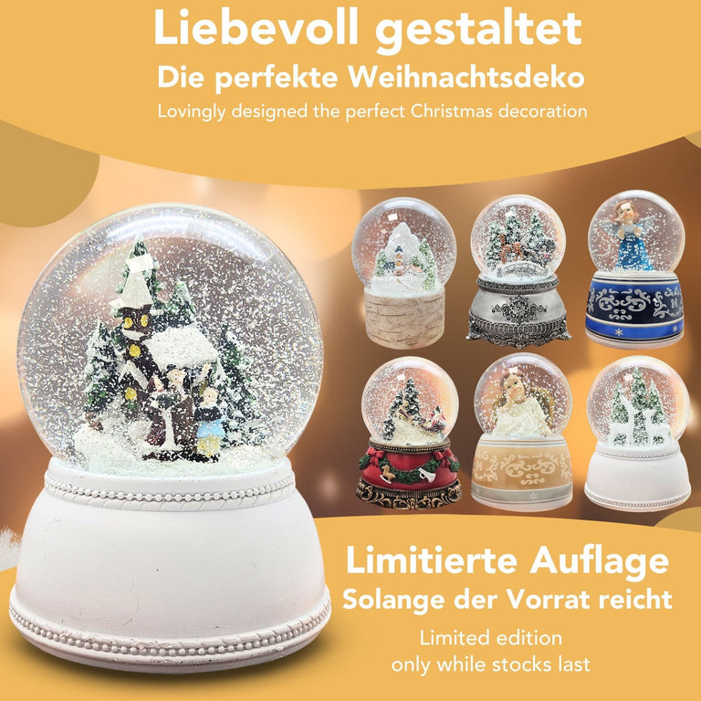 Nostalgische Schneekugel Weihnachtsspaziergang auf Sockel weiß Nostalgie 100 mm Durchmesser mit Spieluhr - Schneekugelhaus