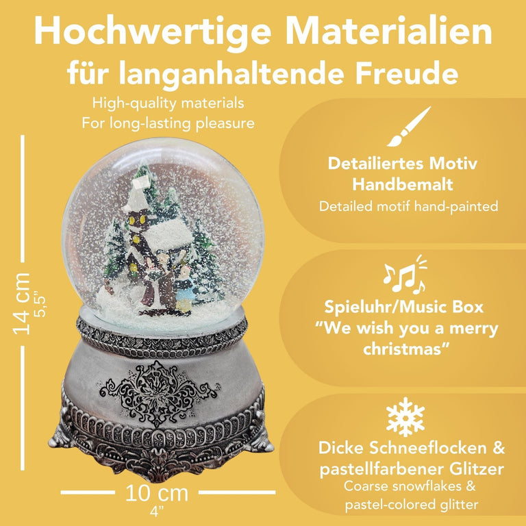 Nostalgische Schneekugel Weihnachtsspaziergang auf Zinnsockel 100 mm Durchmesser mit Spieluhr - Schneekugelhaus