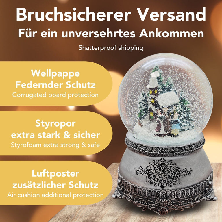 Nostalgische Schneekugel Weihnachtsspaziergang auf Zinnsockel 100 mm Durchmesser mit Spieluhr - Schneekugelhaus