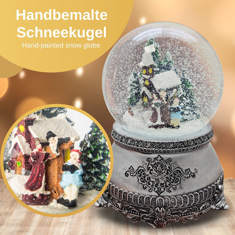 Nostalgische Schneekugel Weihnachtsspaziergang auf Zinnsockel 100 mm Durchmesser mit Spieluhr - Schneekugelhaus