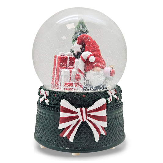 Nostalgische Schneekugel Wichtel rot auf Weihnachtsdekor grün 100 mm Durchmesser mit Spieluhr - Schneekugelhaus