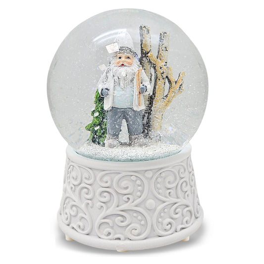 Nostalgische Schneekugel Wichtel weiß grau auf Ornamente 100 mm Durchmesser mit Spieluhr - Schneekugelhaus
