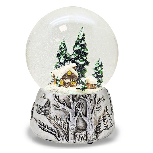 Nostalgische Schneekugel Winterhütte auf Silber Landschaft 100 mm Durchmesser mit Spieluhr - Schneekugelhaus