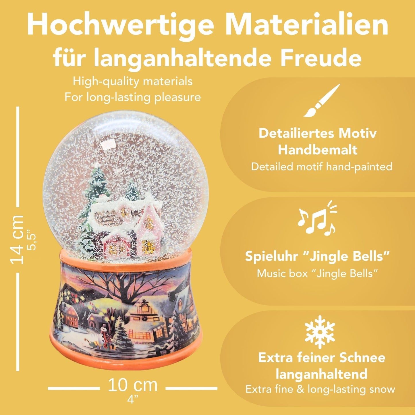 Nostalgische Schneekugel Zuckerbäckerhaus auf Sockel Winterlandschaft 100 mm Durchmesser mit Spieluhr - Schneekugelhaus