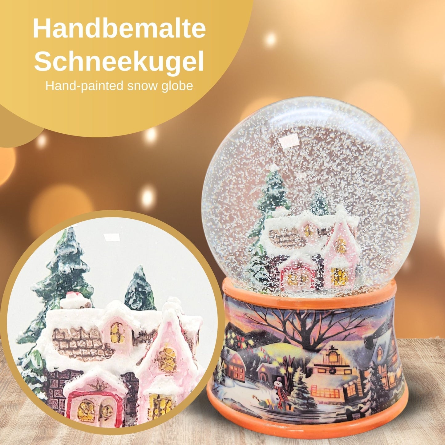 Nostalgische Schneekugel Zuckerbäckerhaus auf Sockel Winterlandschaft 100 mm Durchmesser mit Spieluhr - Schneekugelhaus