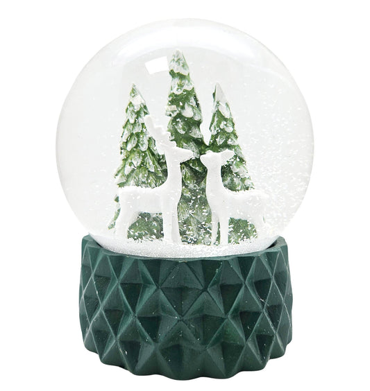 Schneekugel 2 Rehe auf Sockel grün kubisch "PURE - Line" 10 cm Durchmesser - Schneekugelhaus