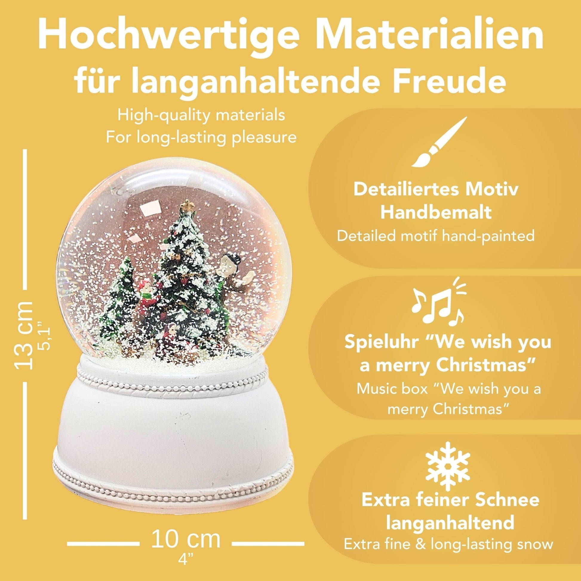 Schneekugel Christbaum schmücken auf Sockel weiß nostalgisch 100 mm Durchmesser mit Spieluhr - Schneekugelhaus