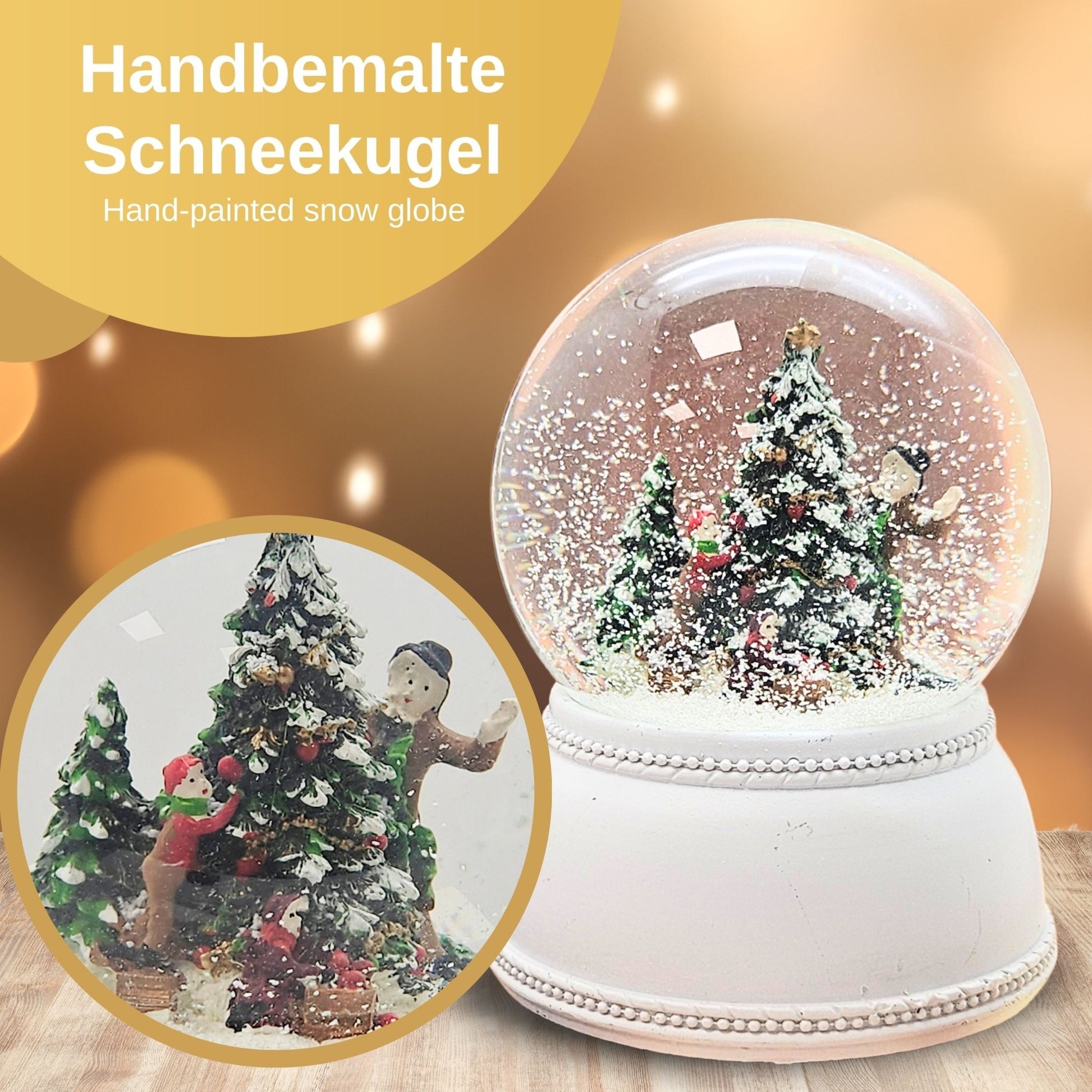 Schneekugel Christbaum schmücken auf Sockel weiß nostalgisch 100 mm Durchmesser mit Spieluhr - Schneekugelhaus