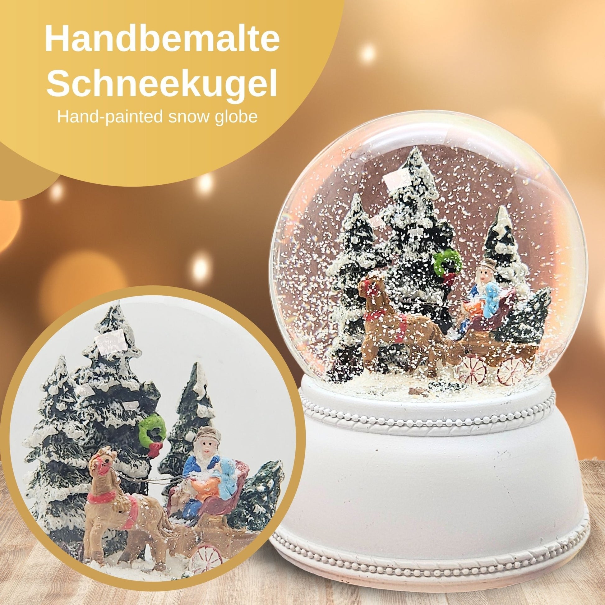 Schneekugel Kutschfahrt auf Sockel weiß nostalgisch 100 mm Durchmesser mit Spieluhr - Schneekugelhaus