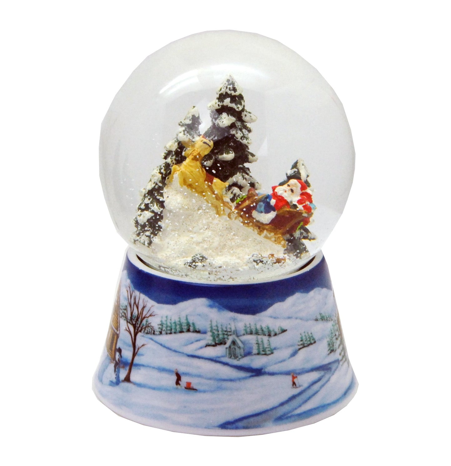 Schneekugel Santa im Schlitten auf Sockel Winterlandschaft mittelblau mit Spieluhr 10 cm Durchmesser - Schneekugelhaus