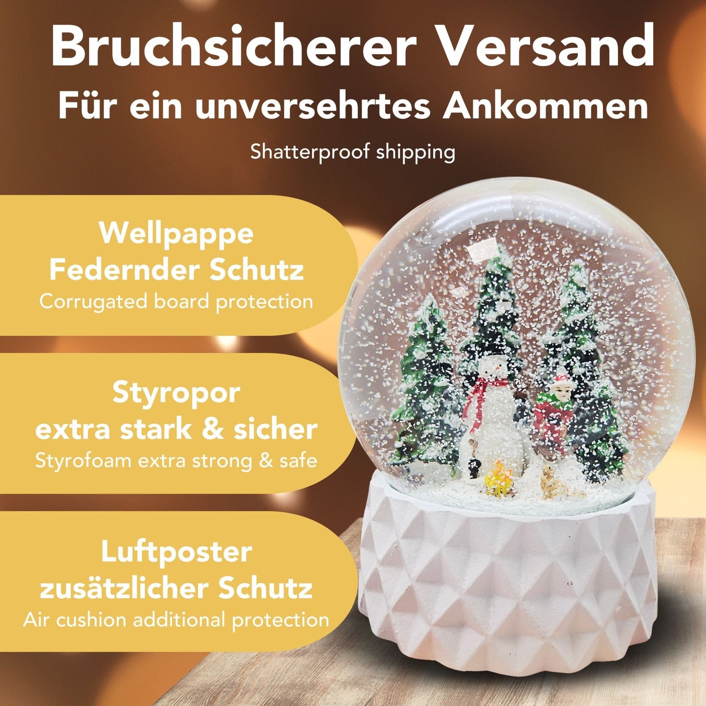 Schneekugel Schneemann auf Sockel weiß kubisch "PURE - Line" 10 cm Durchmesser - Schneekugelhaus