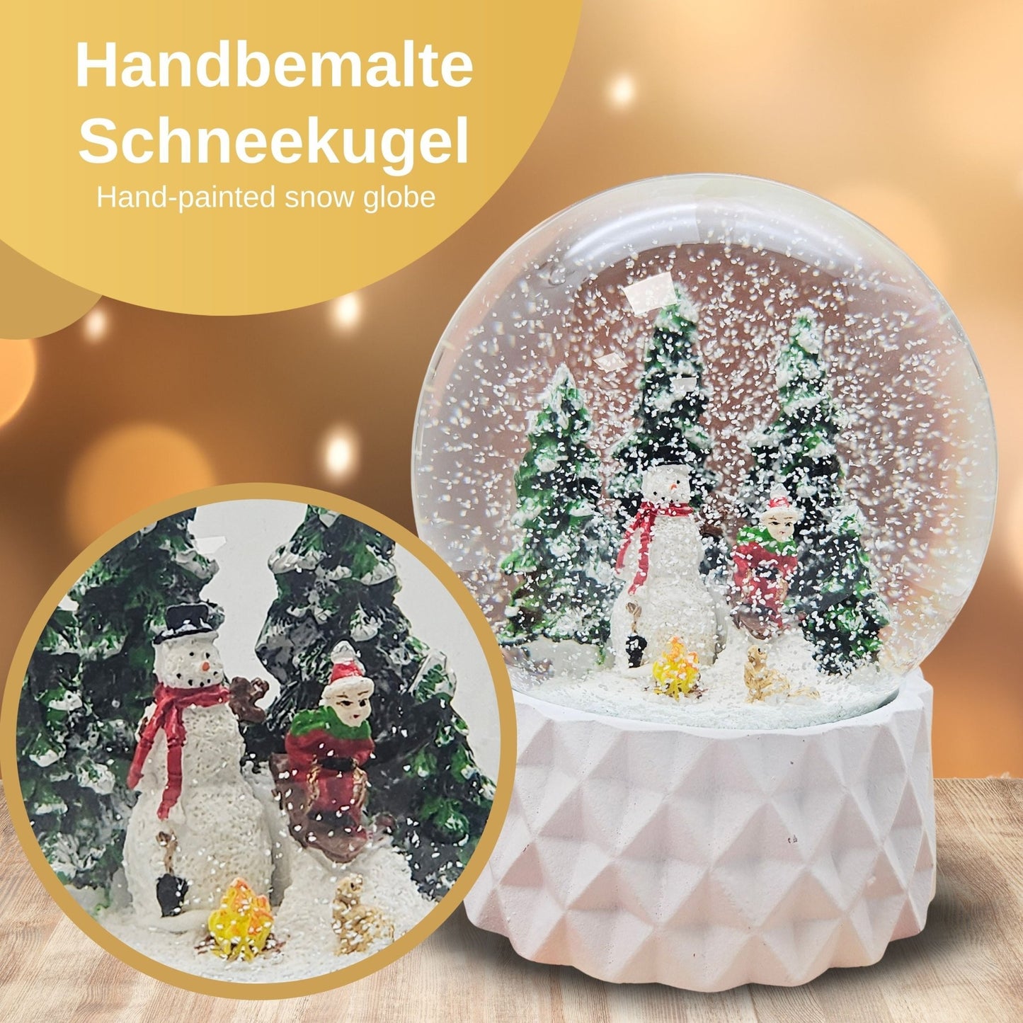 Schneekugel Schneemann auf Sockel weiß kubisch "PURE - Line" 10 cm Durchmesser - Schneekugelhaus