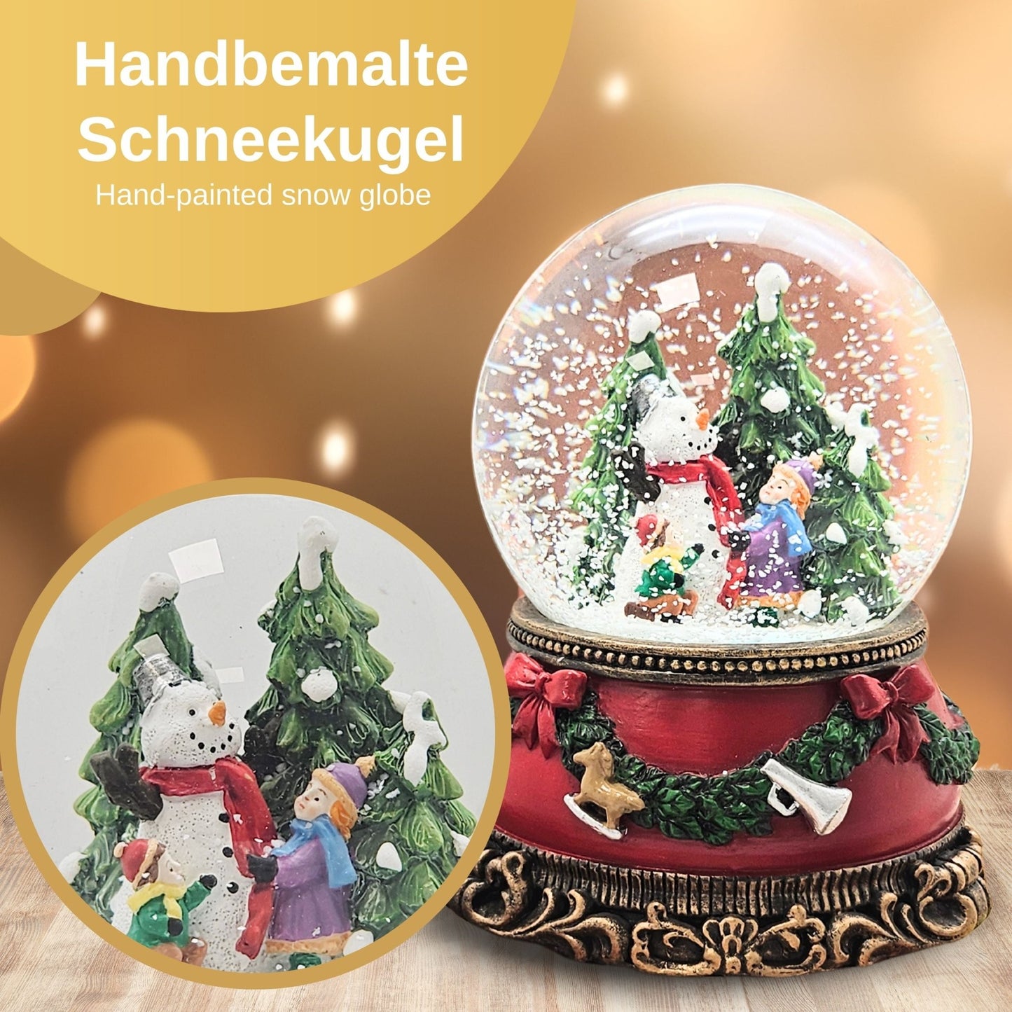 Schöne Schneekugel 2 Kinder bauen Schneemann auf Sockel Weihnachtsdekor rot mm Durchmesser mit Spieluhr - Schneekugelhaus