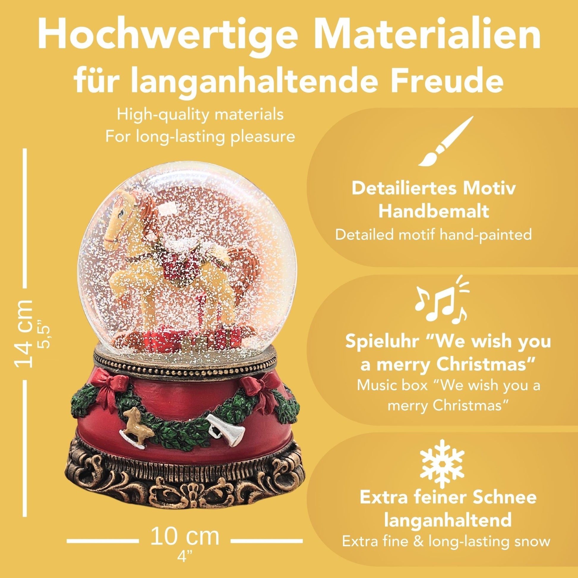 Schöne Schneekugel Schaukelpferd mit Geschenken auf Sockel Weihnachtsdekor rot mm Durchmesser mit Spieluhr - Schneekugelhaus