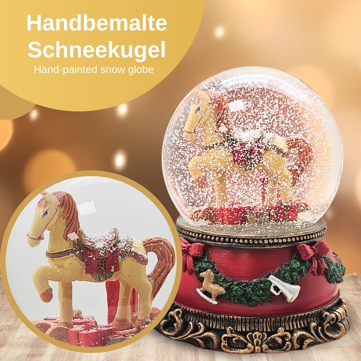 Schöne Schneekugel Schaukelpferd mit Geschenken auf Sockel Weihnachtsdekor rot mm Durchmesser mit Spieluhr - Schneekugelhaus