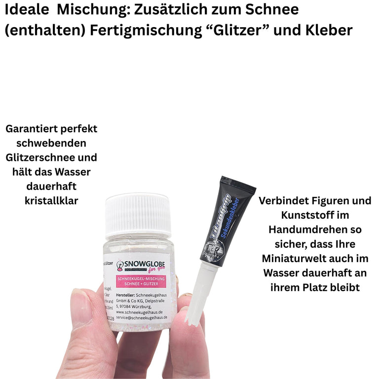 DIY-Komplett-Bastelset für Kunststoff-Schneekugel für FIMO oval 72 x 61 mm weiß mit Schnee, Glitzer, Wasserklar & Sekundenkleber