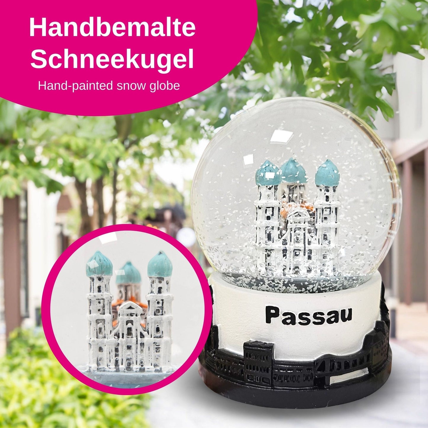 Souvenir Schneekugel Passau Dom Skyline Sockel 65mm Durchmesse - Schneekugelhaus