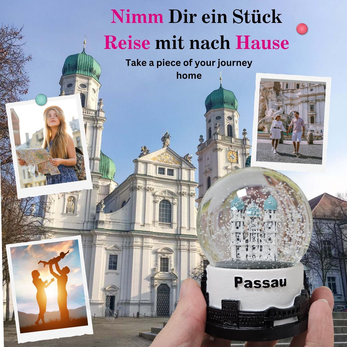 Souvenir Schneekugel Passau Dom Skyline Sockel 65mm Durchmesse - Schneekugelhaus