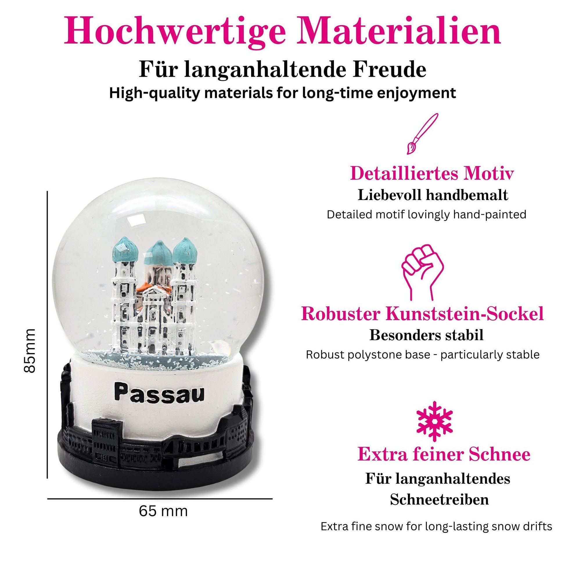 Souvenir Schneekugel Passau Dom Skyline Sockel 65mm Durchmesse - Schneekugelhaus