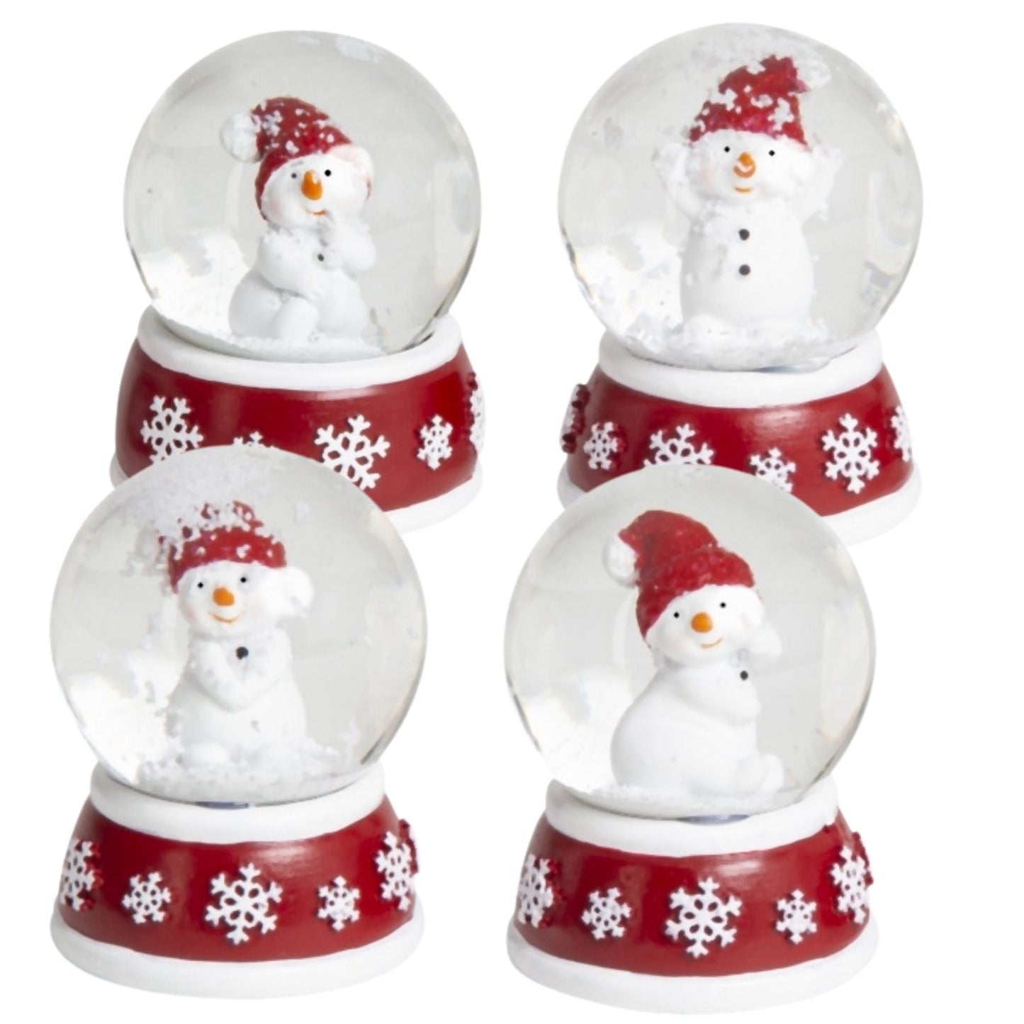 Süße Mini - Schneekugel Schneemann Hände zusammen auf Sockel rot weiße Schneeeflocke B: 45mm - Schneekugelhaus