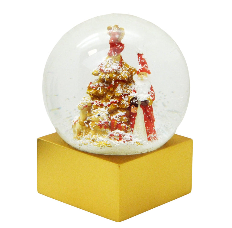 Designer Schneekugel Weihnachtsmann Christbaum rot gold Sockel gold ec – Schneekugelhaus